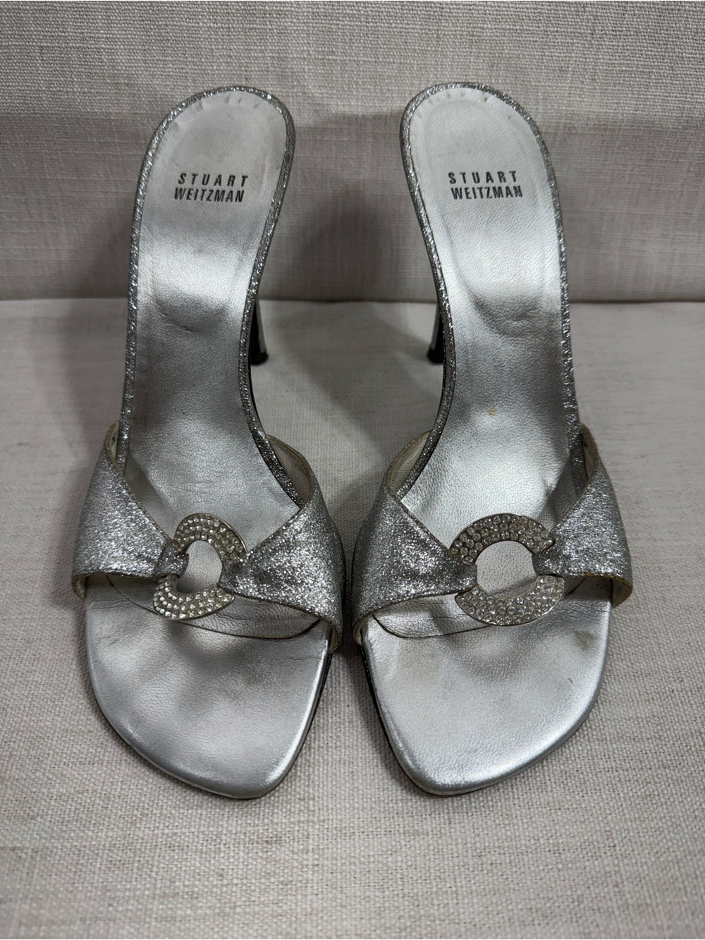 Stuart Weitzman Silver Glitter Rhinestone Mules